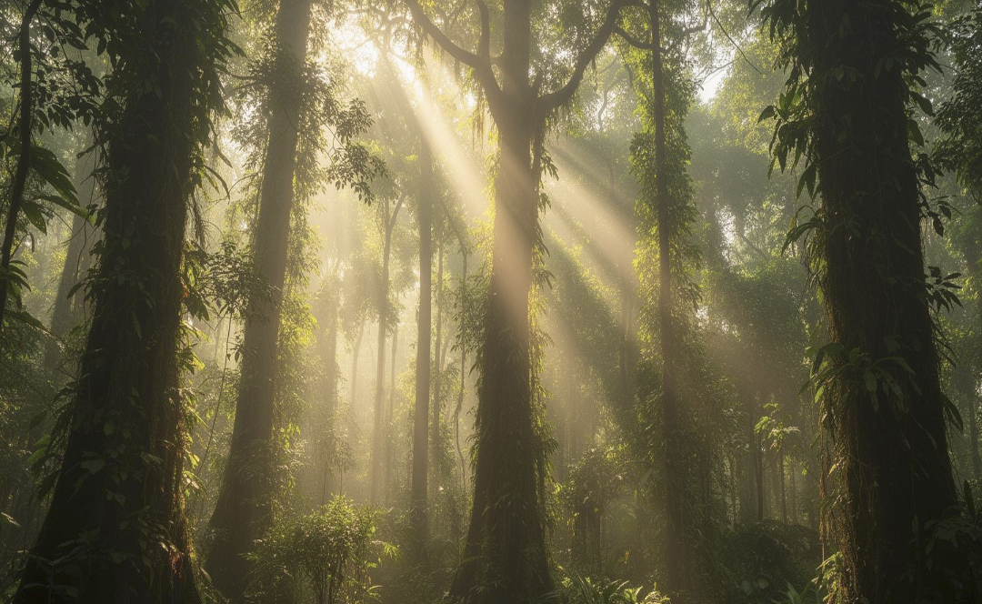 Sunlight streaming through a dense forest canopy